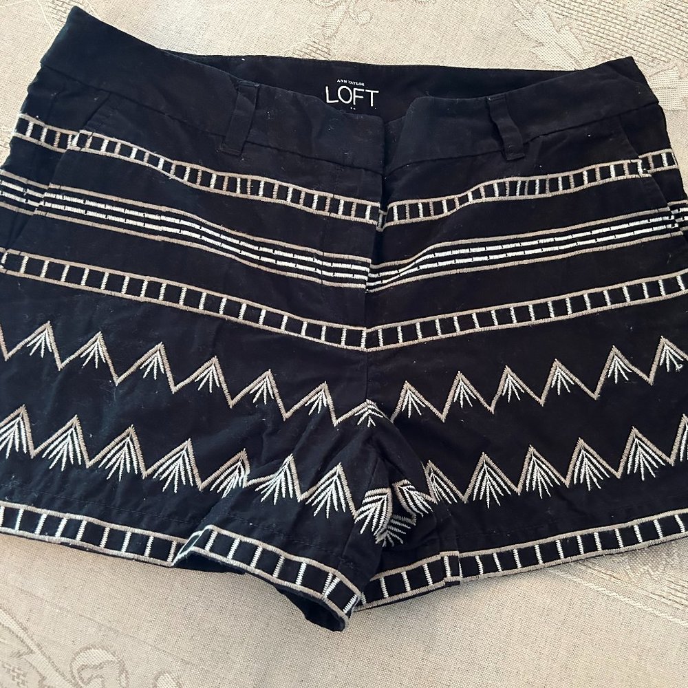 LOFT shorts; black with tan and white embroidered design